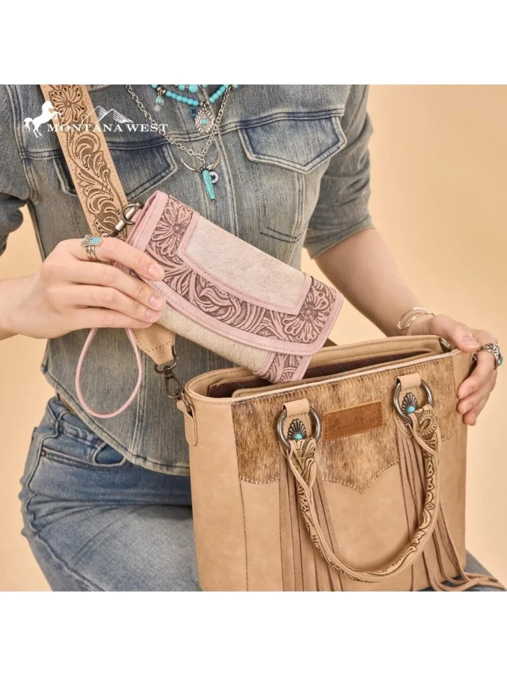 Western Floral Tooled Cowhide Wristlet Wallet for Women - Large Capacity Trifold